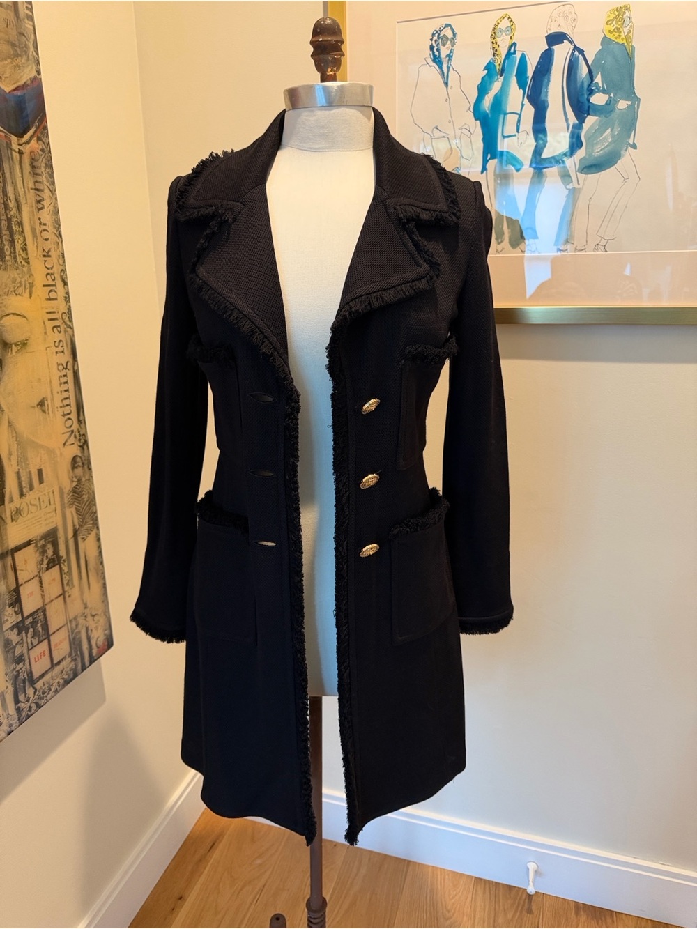 St. John Caviar Black Fringed Wool Blend Milano Pique Topper Jacket size 4
